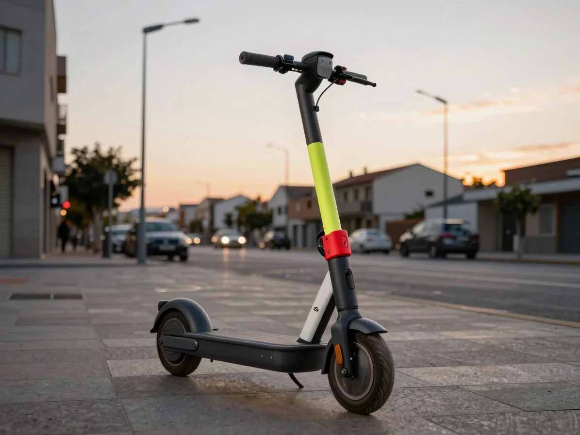 Patinete eléctrico de chasis robusto sobre una acera de una ciudad española al atardecer, detalle de rueda y batería vis